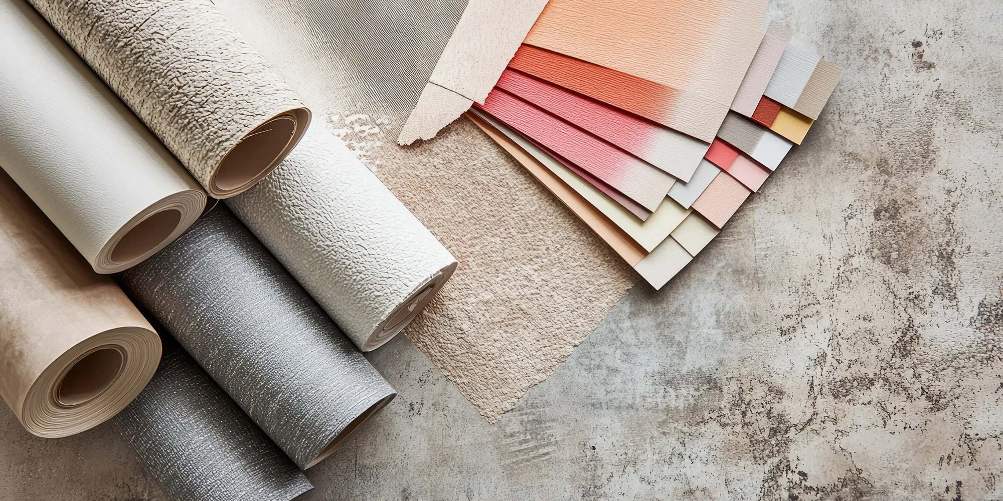 Verschiedene Tapetenrollen und Tapetenmuster in unterschiedlichen Farben und Strukturen – head-tapete