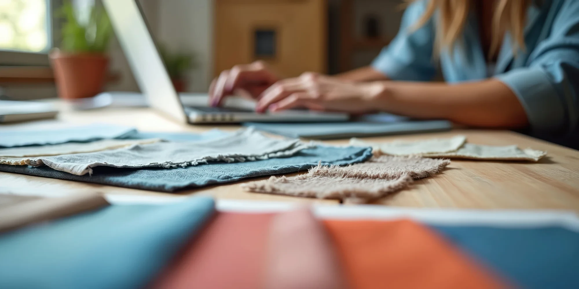 Head Karriere – Person arbeitet am Laptop mit Stoffmustern auf dem Tisch