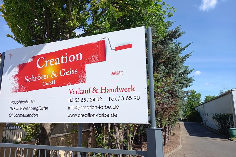 Firmenschild von Creation Röster & Geiss GmbH in Elster mit Kontaktdaten und Informationen zu Verkauf & Handwerk