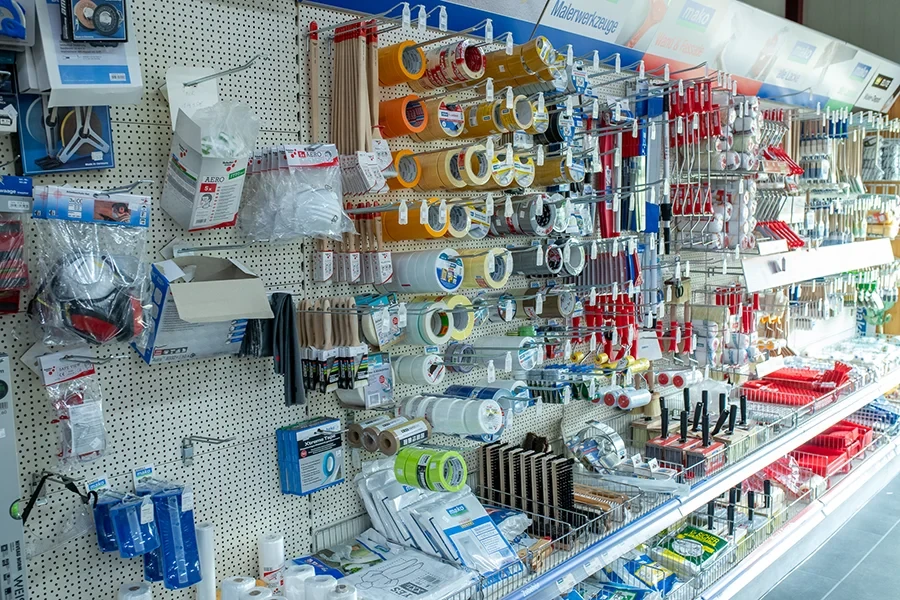 Malerwerkzeug im Baumarkt – verschiedene Pinsel, Abdeckbänder und Malerzubehör