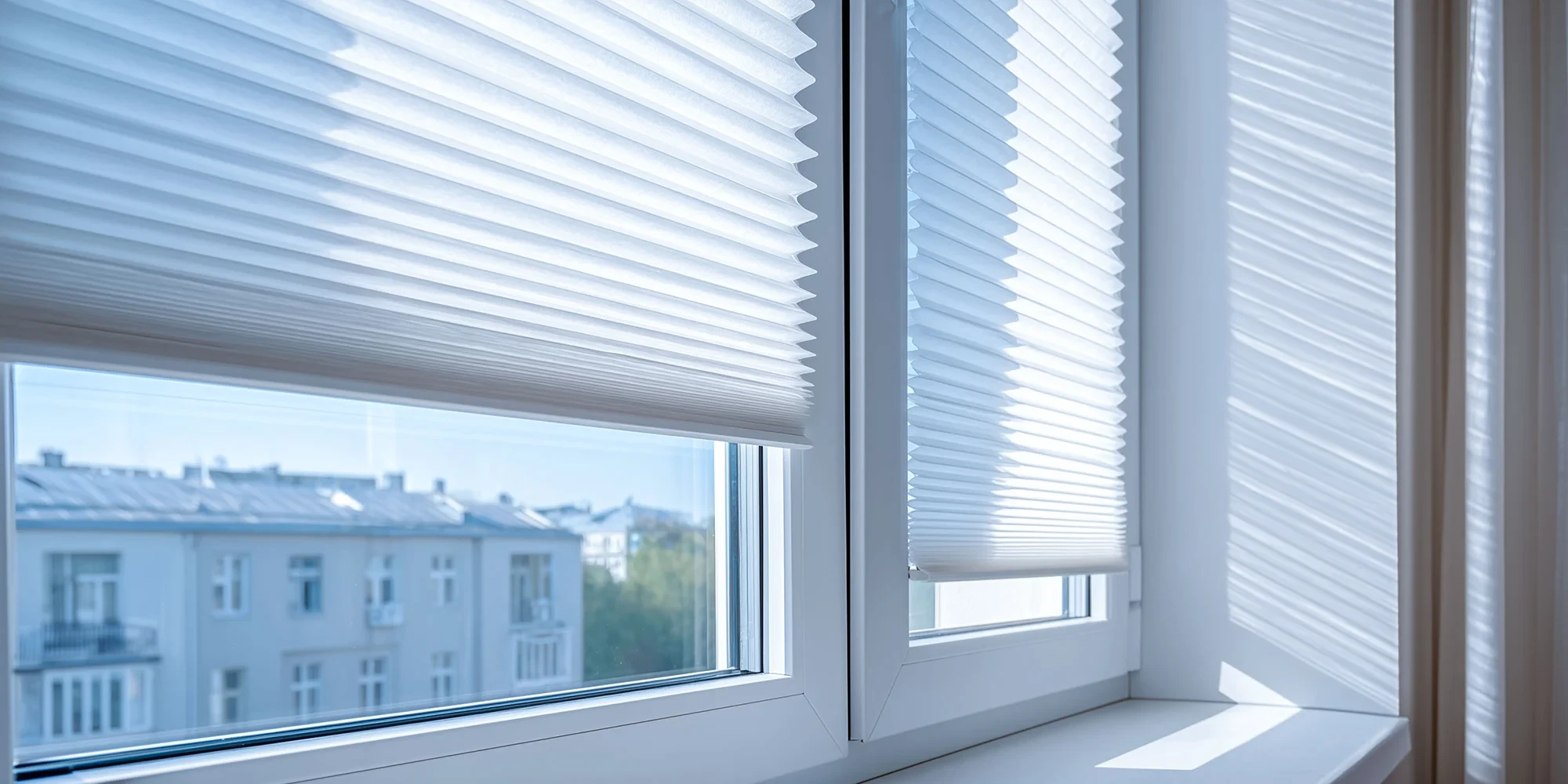 Head Sonnenschutz Plissee an modernen Fenstern als effektiver Sicht- und Sonnenschutz