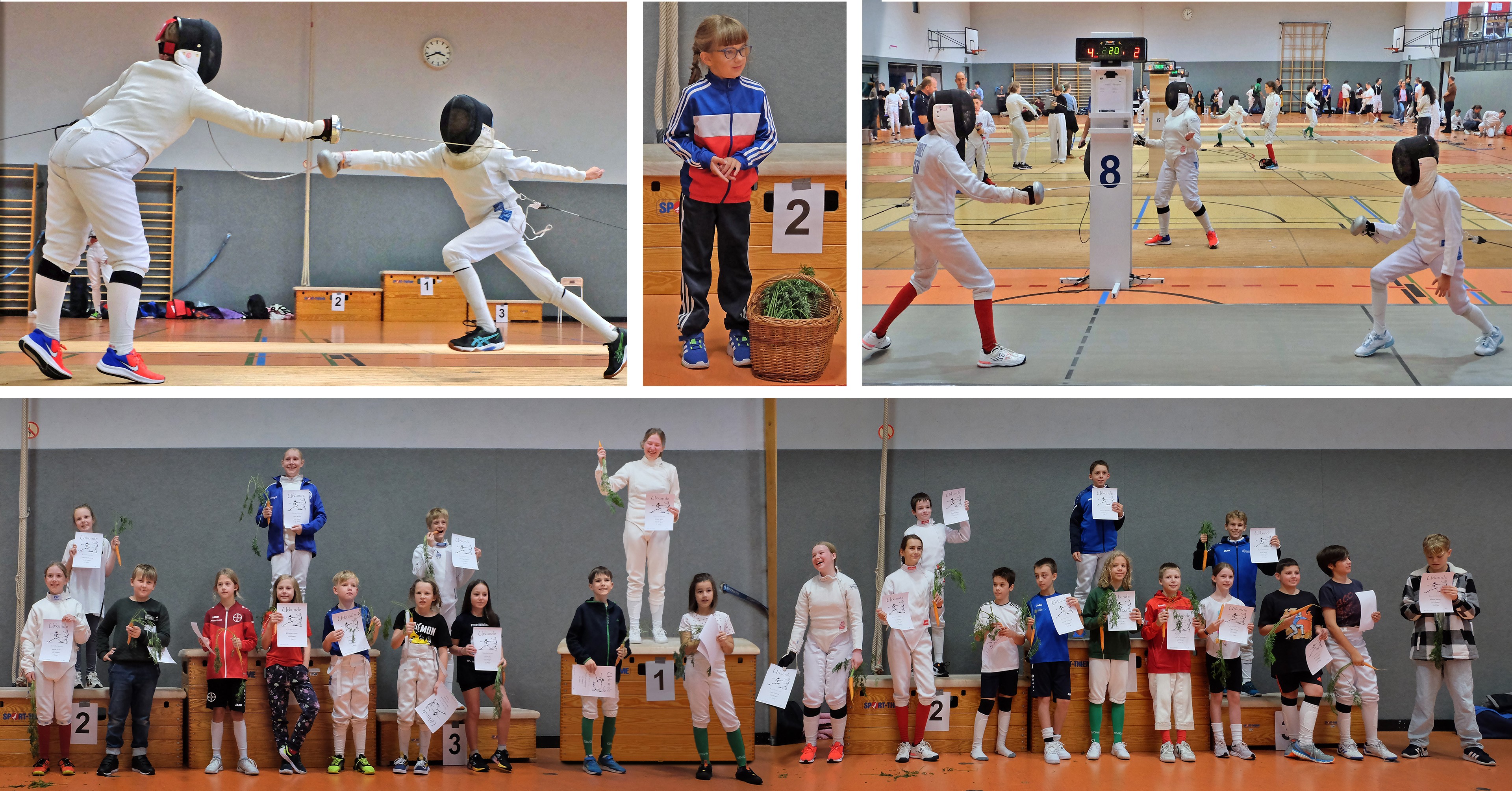 Zu sehen sind mehrere Szenen von einem Fechtturnier, genannt 