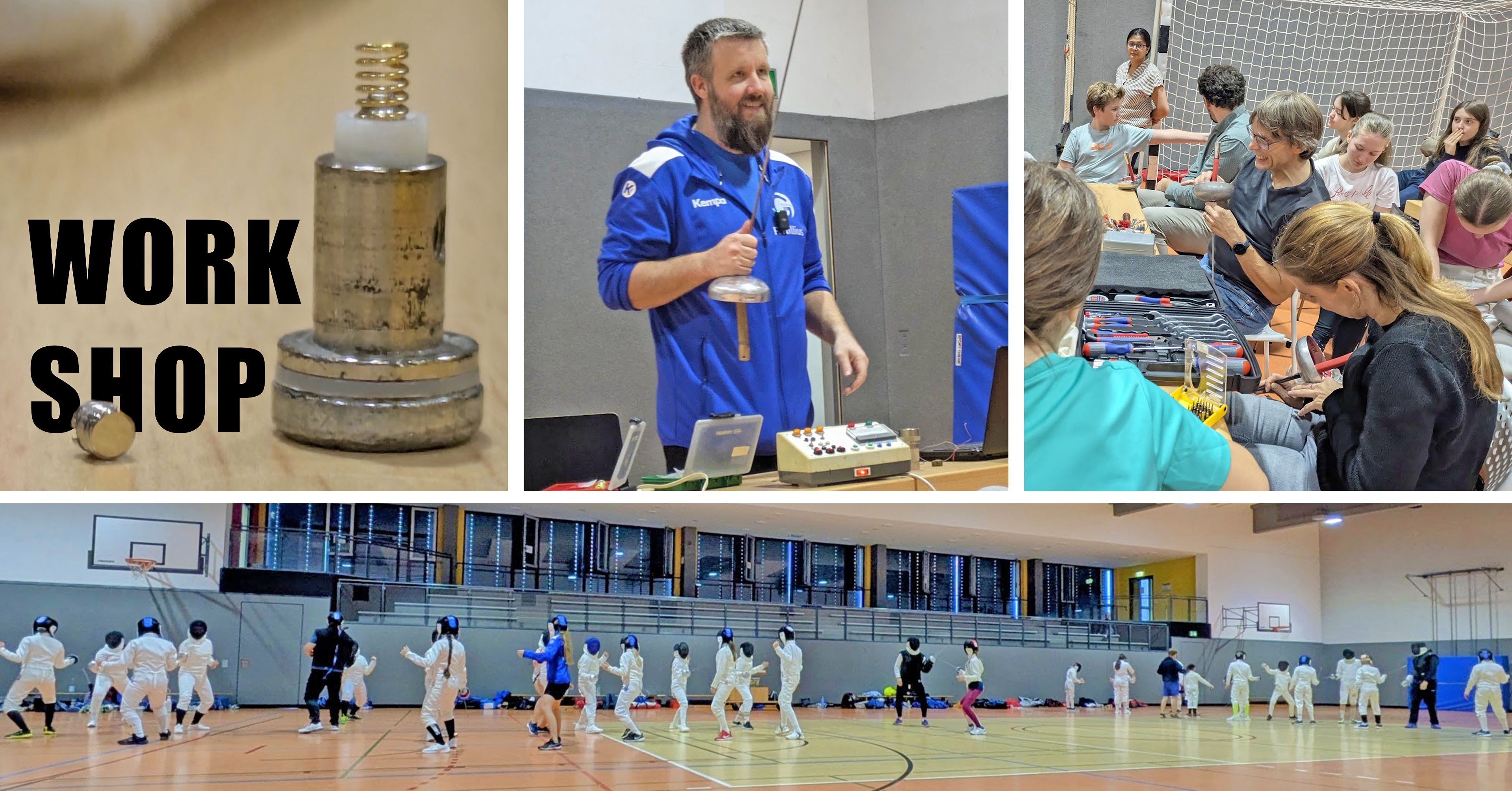Collage vom Reparatur-Workshop: Ein Foto zeigt den Kopf einer Degenspitze und die passende Schraube. Fabian hält einen Degen und erklärt technische Details. Teilnehmende sitzen um einen Tisch und reparieren, während in der Sporthalle im Hintergrund Fechte