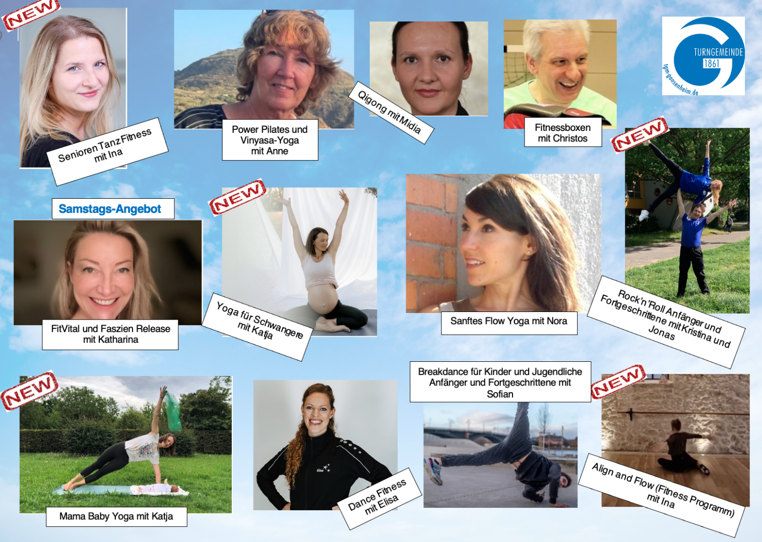 Collage von Fitness- und Yoga-Kursen mit verschiedenen Trainern