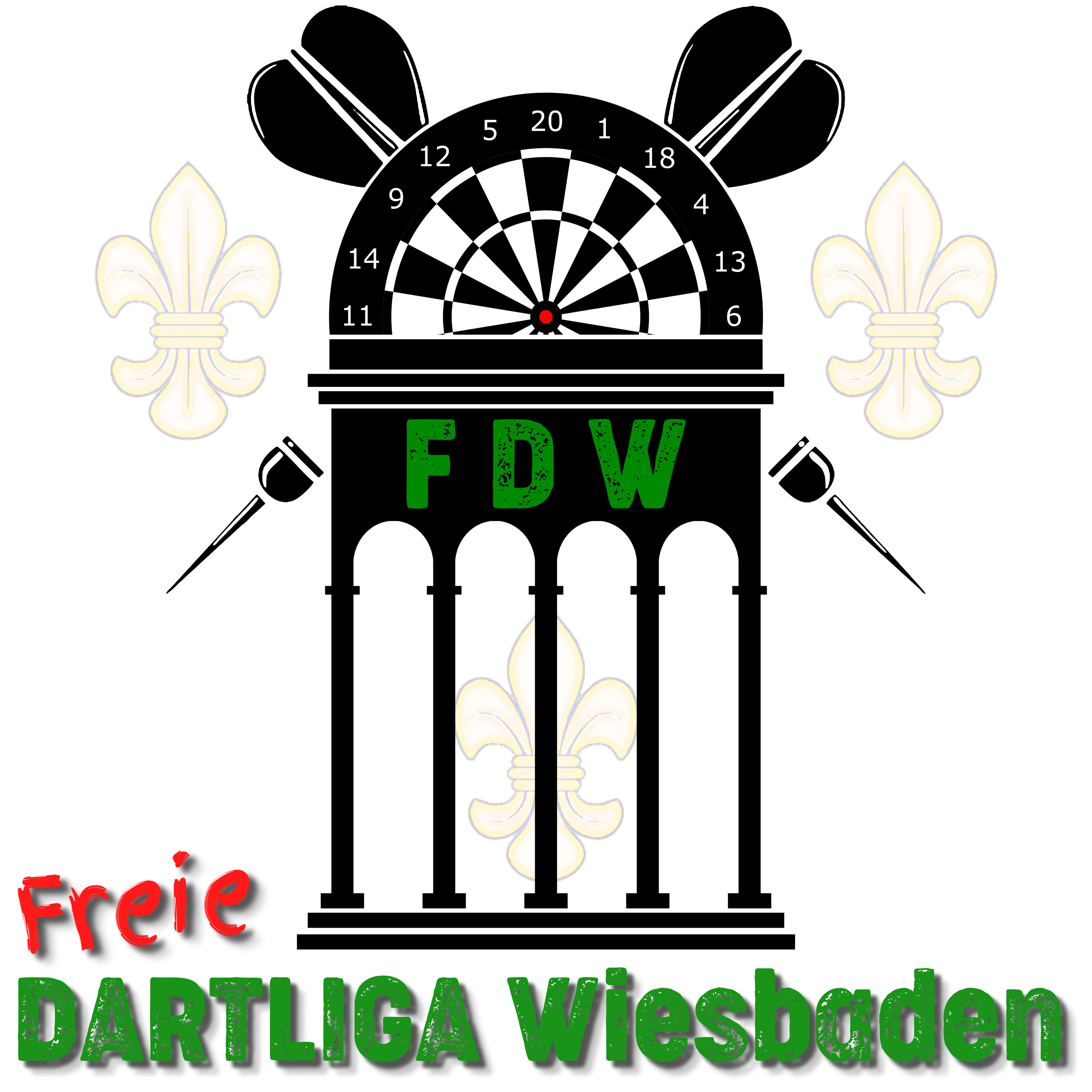Logo der Freien Dartliga Wiesbaden mit Dartscheibe und Säulenmotiv
