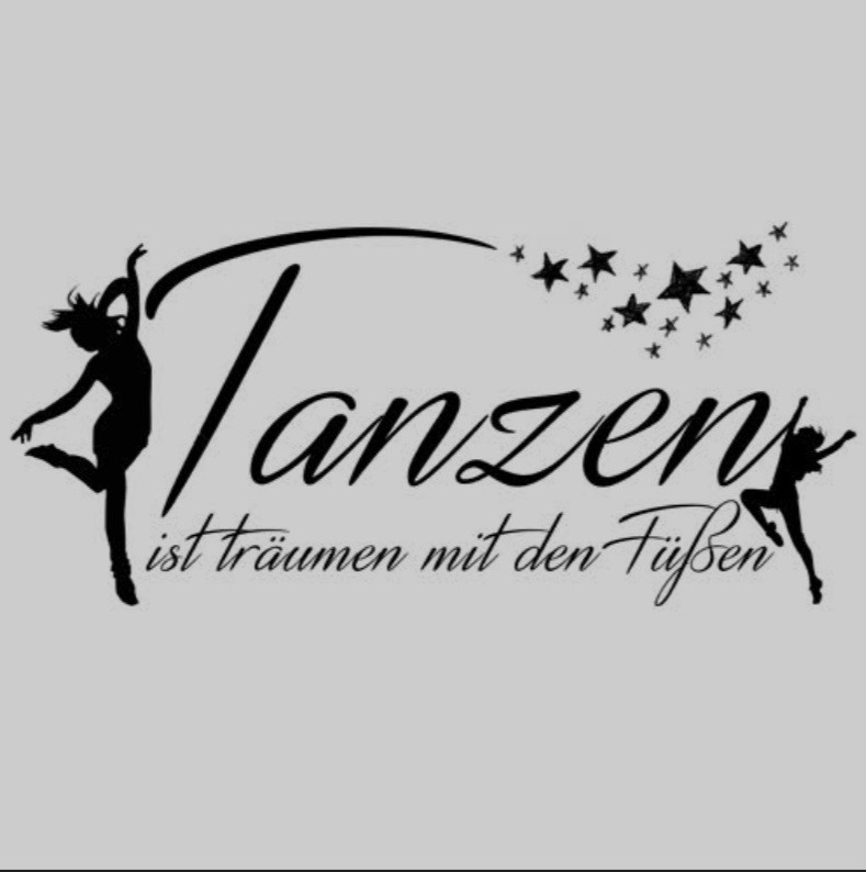 Silhouette eines Tänzers mit dem Zitat 'Tanzen ist träumen mit den Füßen' und Sternen.