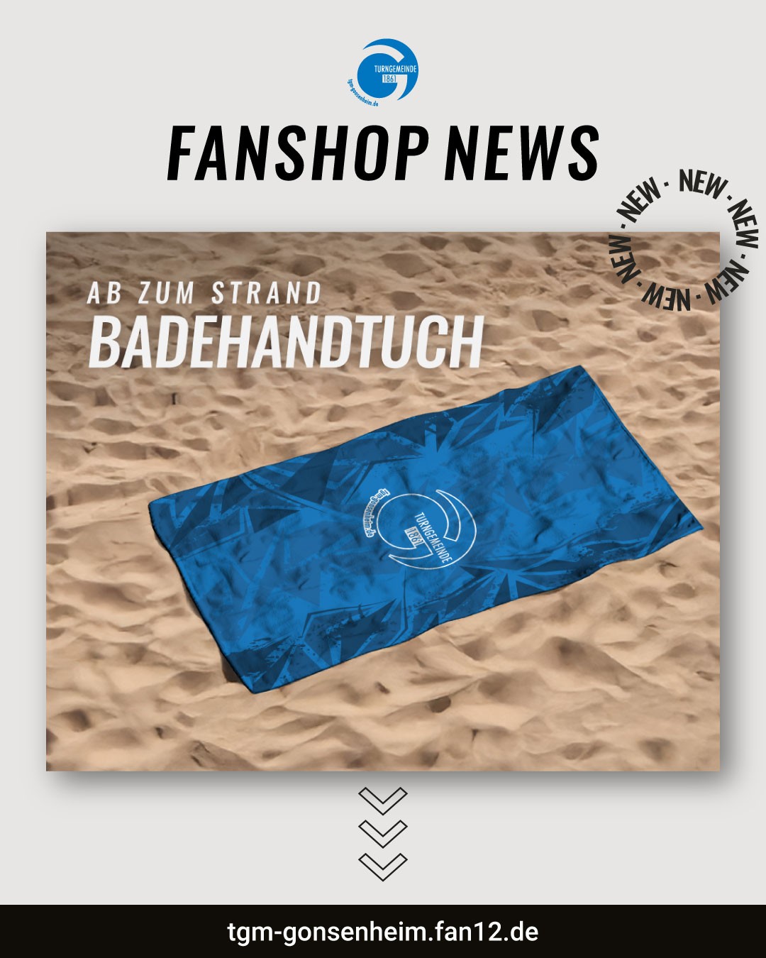 Instagram-Post mit blauem Badehandtuch auf Sand, Fanartikel aus dem Fanshop