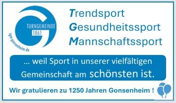 Logo der Turngemeinde Gonsenheim (TGM) mit Hinweis auf 1250 Jahre Gonsenheim und sportliche Aktivitäten
