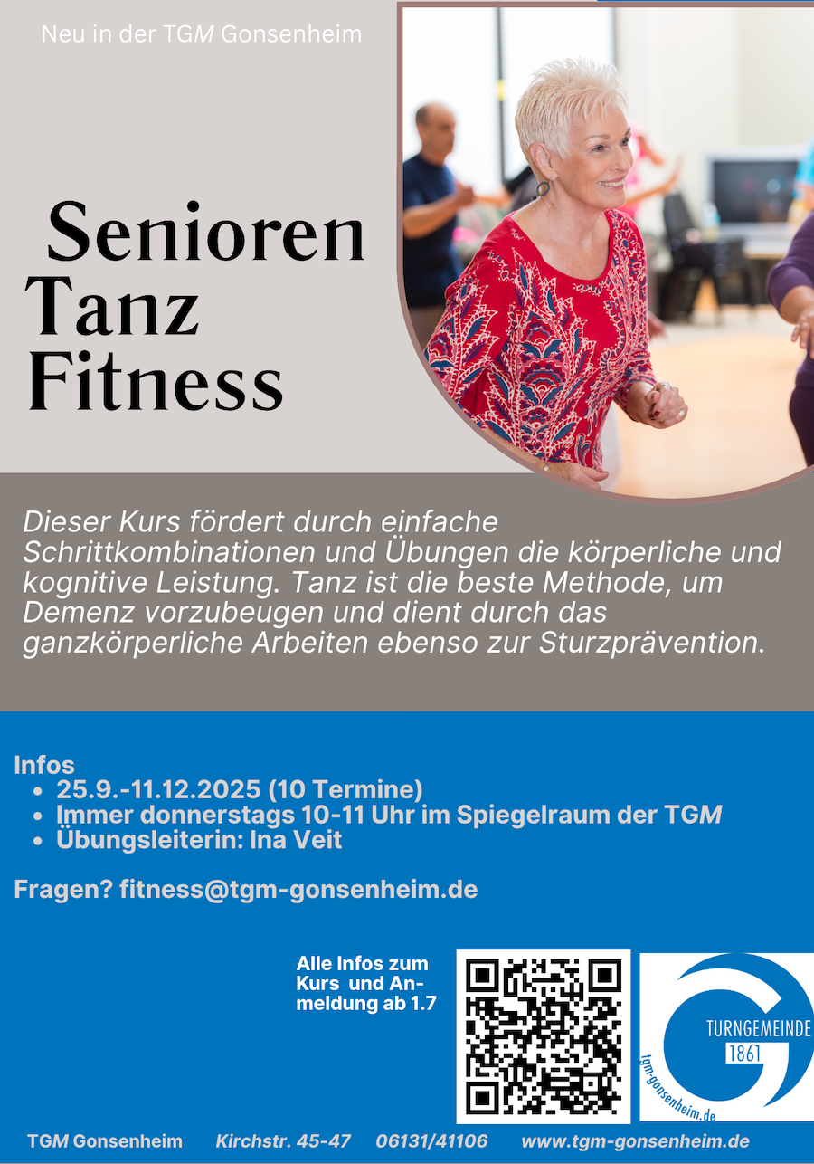 Senioren Tanz Fitness Kurs mit Übungsleiterin Ina Veit im Spiegelraum der TGM Gonsenheim, Kursdaten 2025
