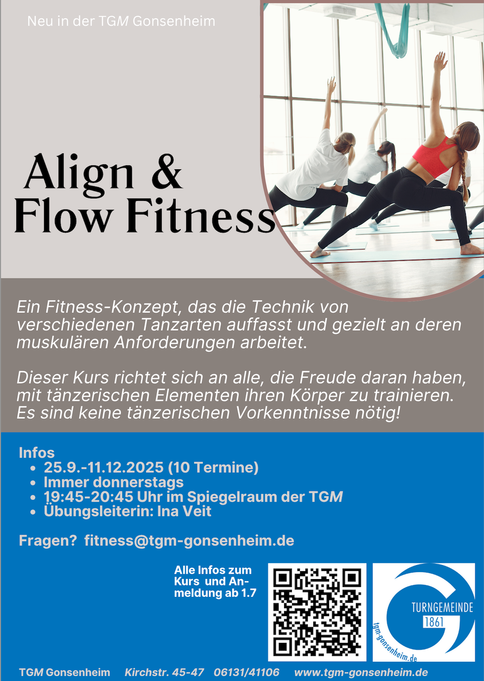 Flyer zum Align & Flow Fitness Kurs mit Übungsleiterin Ina Veit im Spiegelraum der TGM Gonsenheim, Termine ab 25.9.2025.