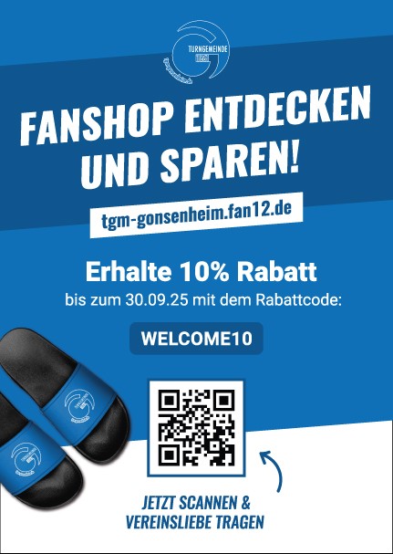 Rabattflyer für den TGM Gonsenheim Fanshop mit 10% Rabattcode WELCOME10 und QR-Code, gültig bis 30.09.2025