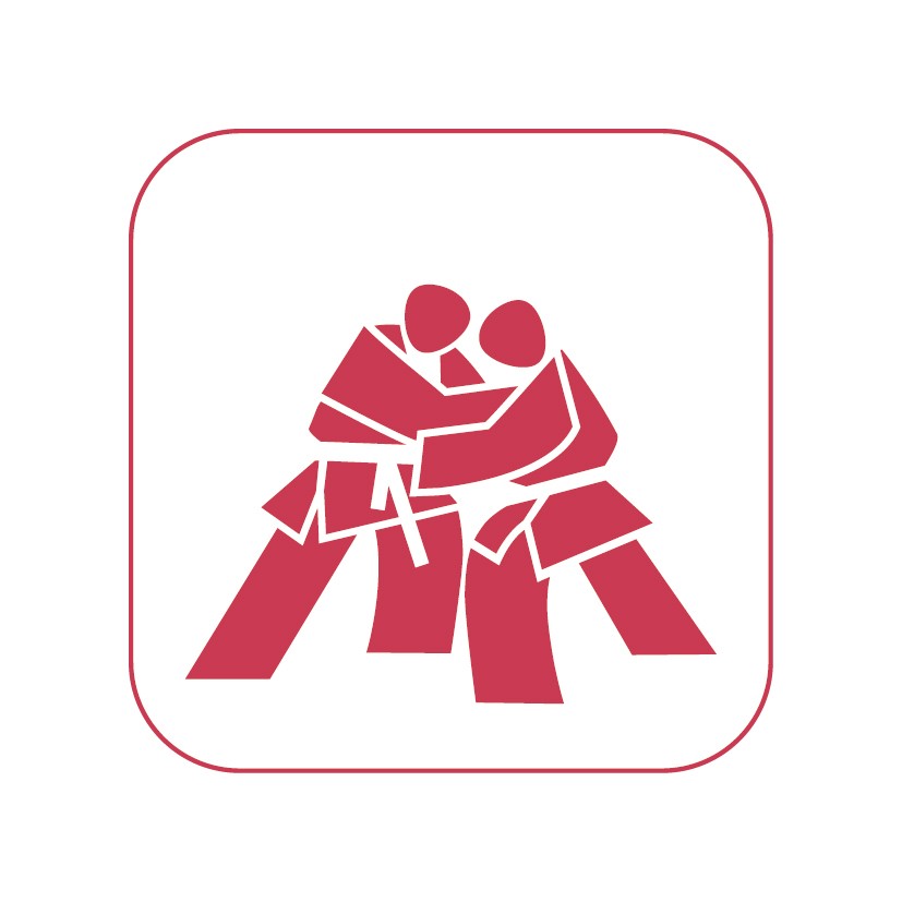Judo Icon in Rot auf Weiß, 50mm, RGB, 300dpi – zwei stilisierte Judoka im Kampf