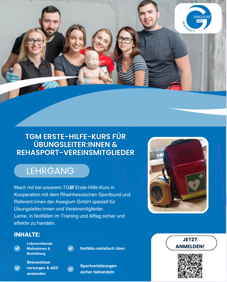 Werbung für einen Erste-Hilfe-Kurs für Übungsleiter:innen und Rehasport-Vereinsmitglieder mit Informationen zum Lehrgang und Inhalten.