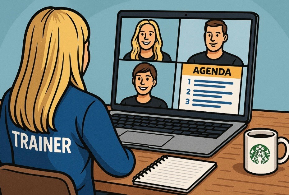 Trainerin nimmt an einem Online-Meeting mit Agenda auf dem Laptop teil
