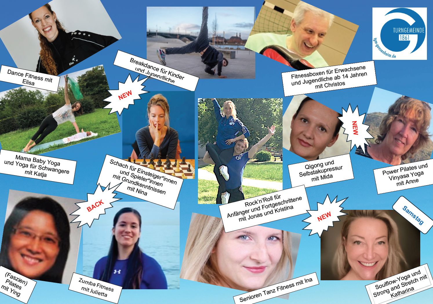 Collage mit verschiedenen Fitness- und Freizeitkursen wie Breakdance für Kinder, Fitnessboxen mit Christos, Schach mit Nina, Zumba Fitness mit Julietta, Rock'n'Roll mit Christina, Qigong und Selbstakupressur mit Mida sowie Seniorentanz mit Ina.