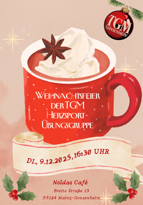 Einladung zur Weihnachtsfeier der TGM Herzsport-Übungsgruppe am 9.12.2025 mit roter Tasse und Sahne