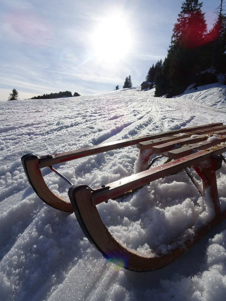 Holzschlitten auf verschneitem Hang bei Sonnenschein am 26. Februar 2019