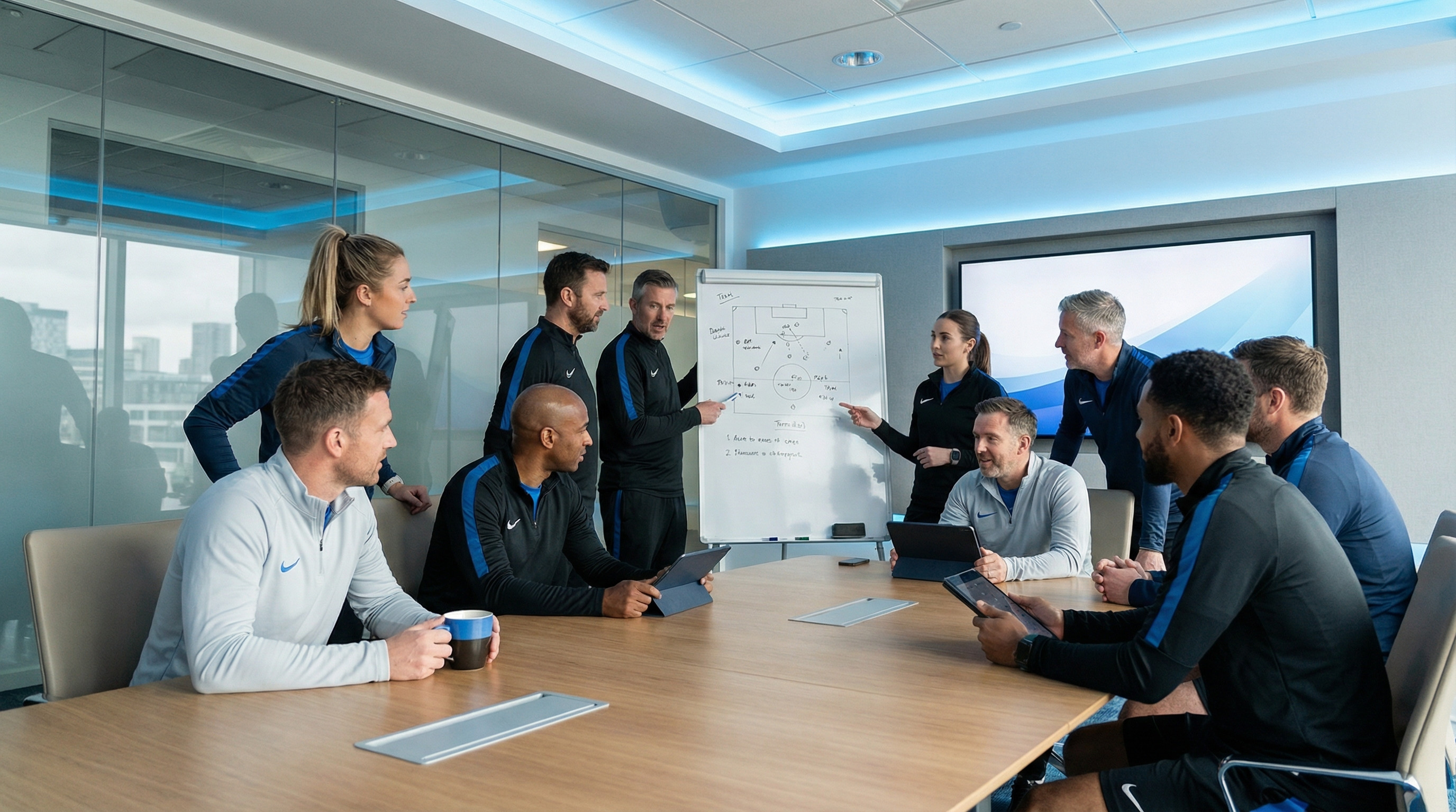 Besprechung eines Fußballteams mit Taktikbesprechung am Whiteboard im Konferenzraum