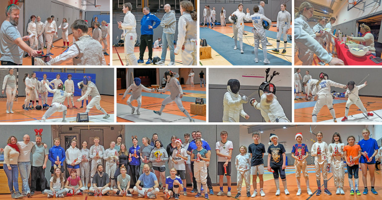 Collage vom Nikolausturnier TGM am 12. Dezember 2025 mit Fechterinnen und Fechtern in Aktion sowie Gruppenfoto der Teilnehmenden