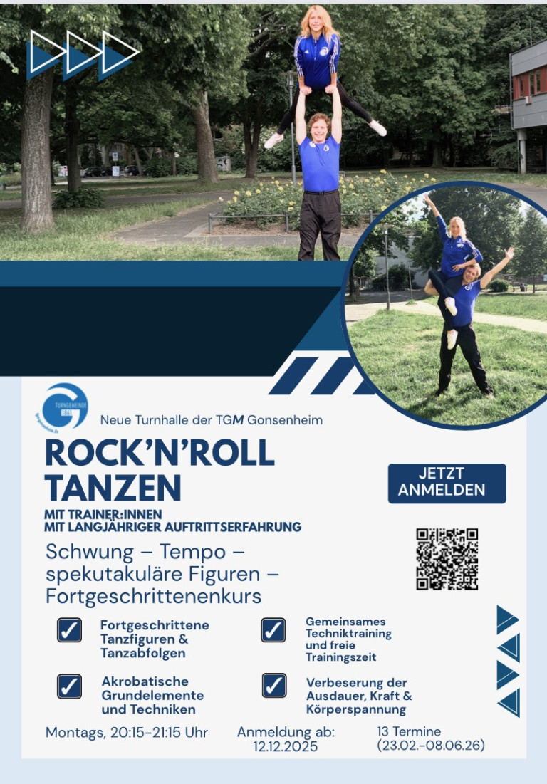 Flyer für Rock'n'Roll Tanz Fortgeschrittenenkurs in der neuen Turnhalle der TGM Gonsenheim mit spektakulären Tanzfiguren