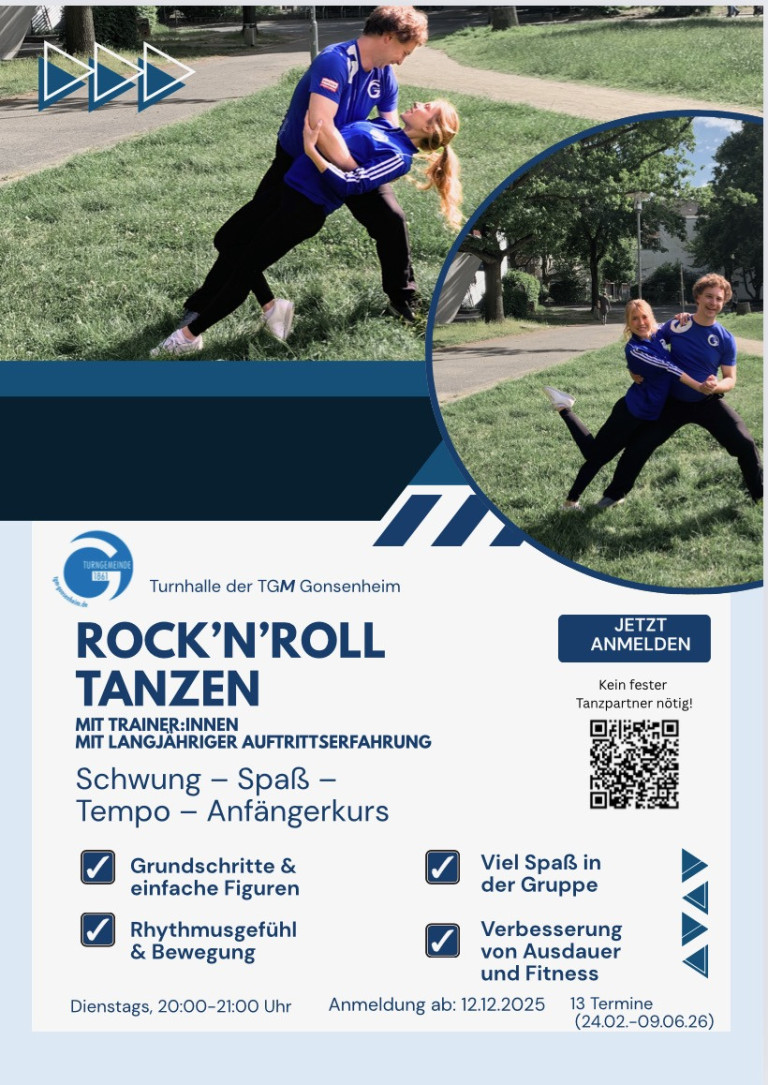 Flyer für Rock'n'Roll Tanzkurs für Anfänger in der Turnhalle der TGM Gonsenheim, mit Informationen zu Schwung, Spaß und Tempo sowie Anmeldungsmöglichkeiten.