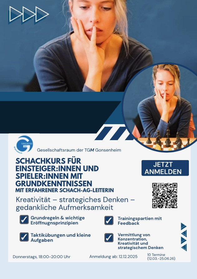 Schachflyer 2026 für Einsteiger und Spieler mit Grundkenntnissen im Gesellschaftsraum der TGM Gonsenheim