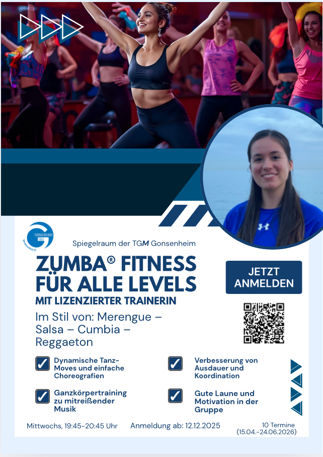 Flyer Zumba Fitness für alle Levels 2026 im Spiegelsaal der TGM Gonsenheim mit lizenzierter Trainerin, Tanzstile Merengue, Salsa, Cumbia, Reggaeton