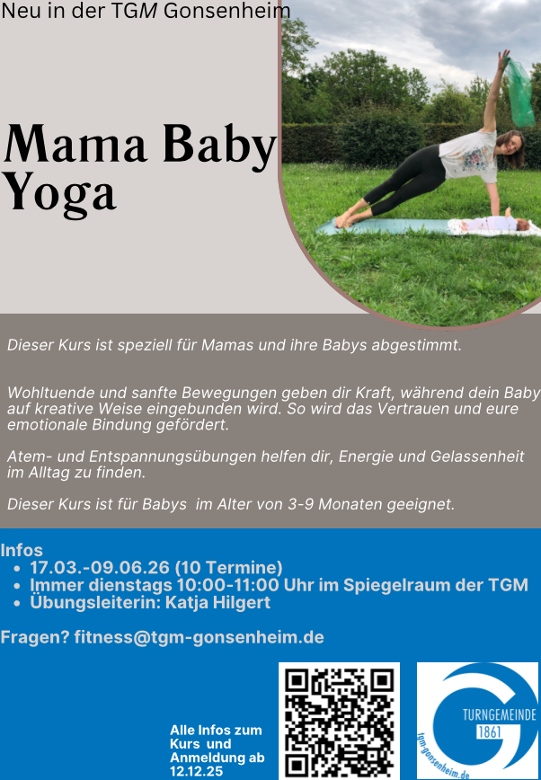 Flyer für Mama Baby Yoga Kurs 2026 mit Katja Hilgert in Gonsenheim, Informationen zum Kurs und Terminen