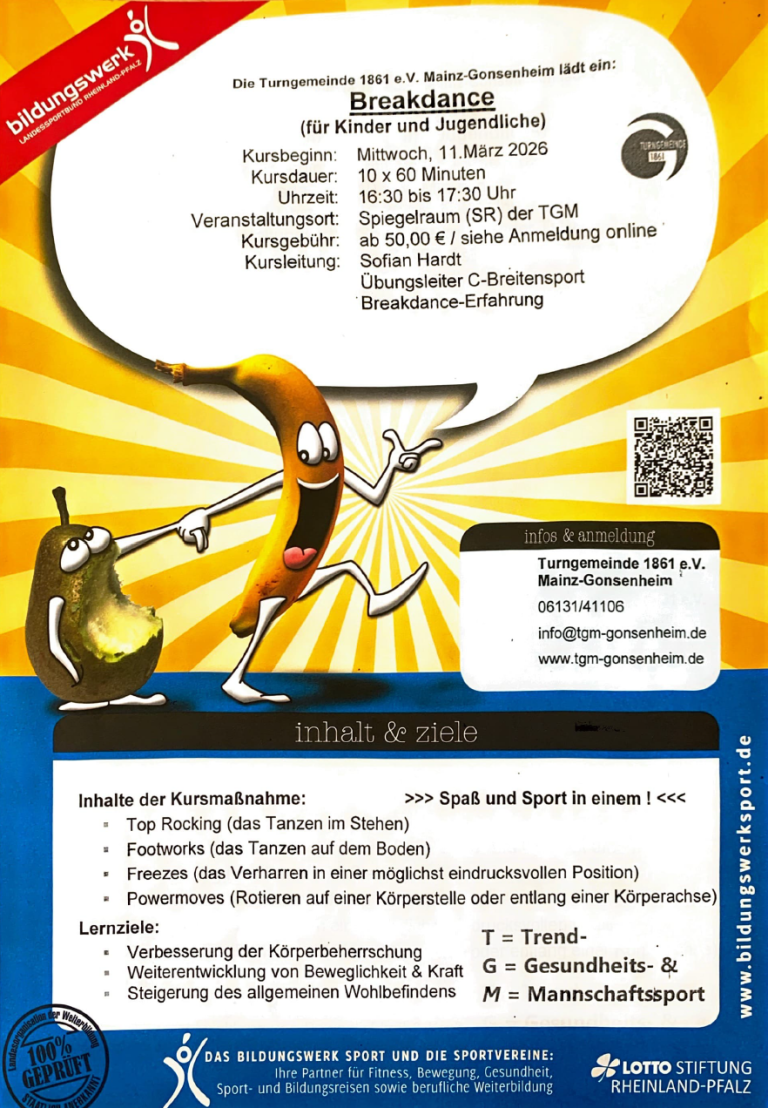 Flyer für Breakdance-Kurs der Turngemeinde Mainz-Gonsenheim mit tanzender Banane und Avocado