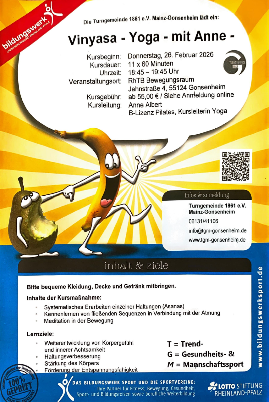 Vinyasa Yoga Kursankündigung der Turngemeinde Mainz-Gonsenheim mit Infos zu Kursleitung, Ort und Uhrzeit