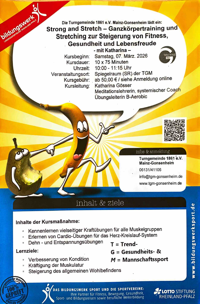 Strong and Stretch Kursankündigung mit gezeichneter Banane und Avocado, Turngemeinde 1861 e.V. Mainz-Gonsenheim