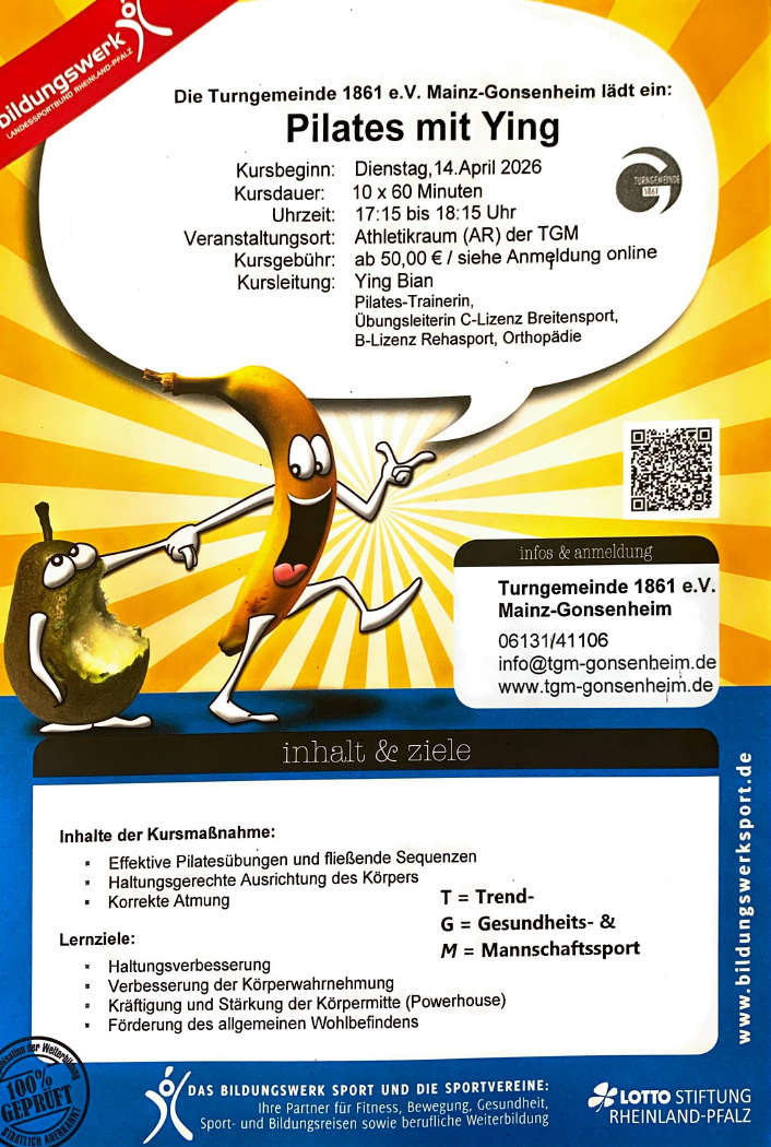 Werbeplakat fcr Pilates-Kurs der Turngemeinde 1861 e.V. Mainz-Gonsenheim mit animierter Banane und Birne