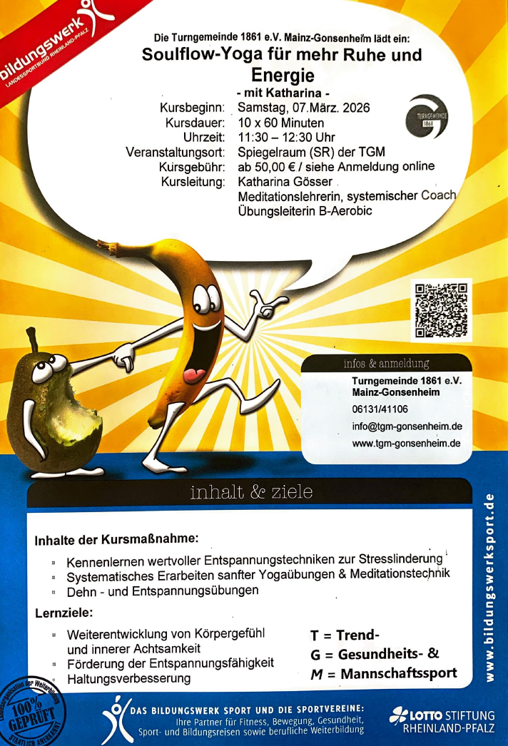 Soulflow Yoga Kursflyer der Turngemeinde Mainz-Gonsenheim mit lustigen Obstfiguren und Kursinformationen