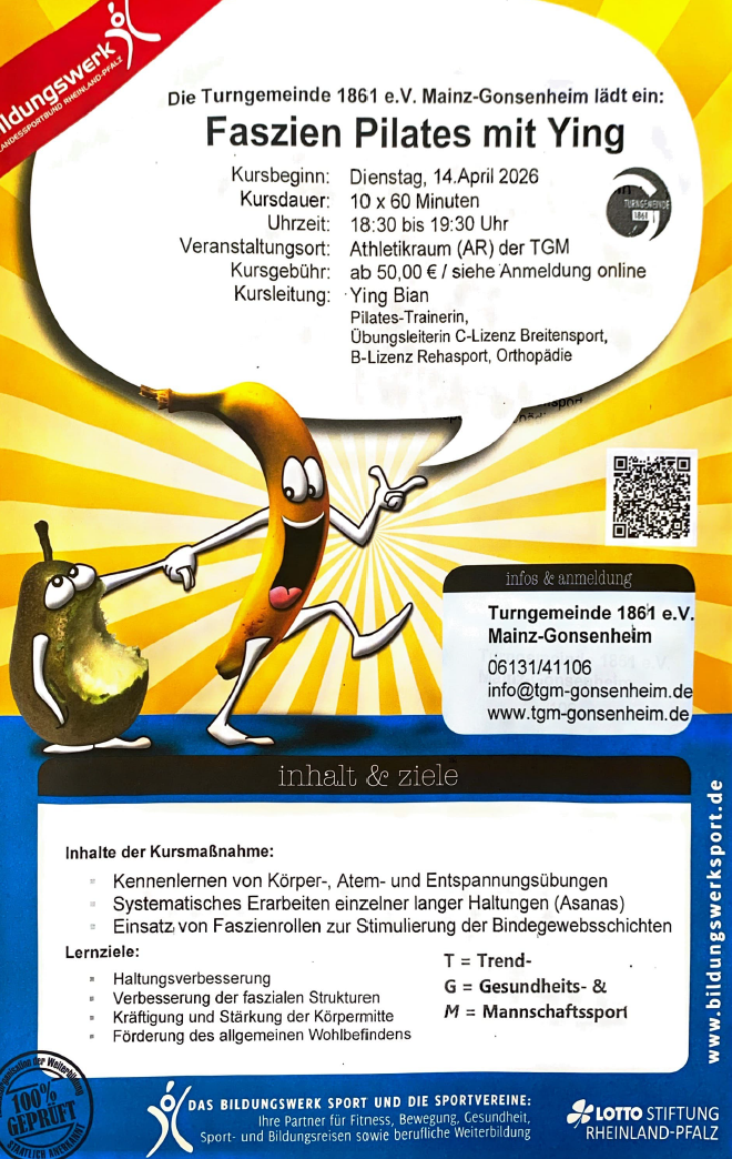 Faszien Pilates Kursankündigung der Turngemeinde 1861 e.V. Mainz-Gonsenheim mit lustigen Obstfiguren und Kursdetails