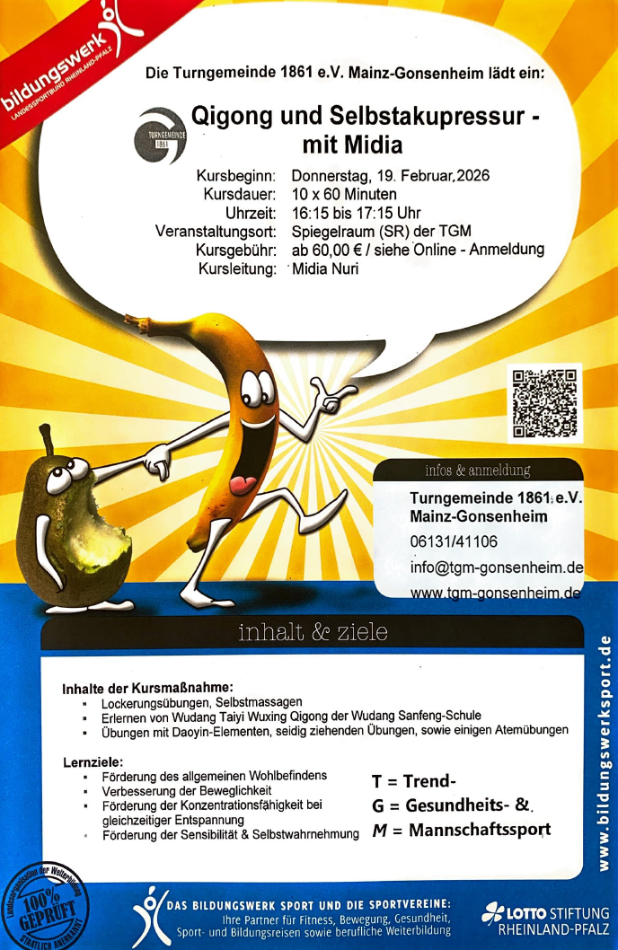 Flyer für Qigong und Selbstakupressur Kurs in Mainz-Gonsenheim mit lustigen Obstfiguren und Kursinformationen