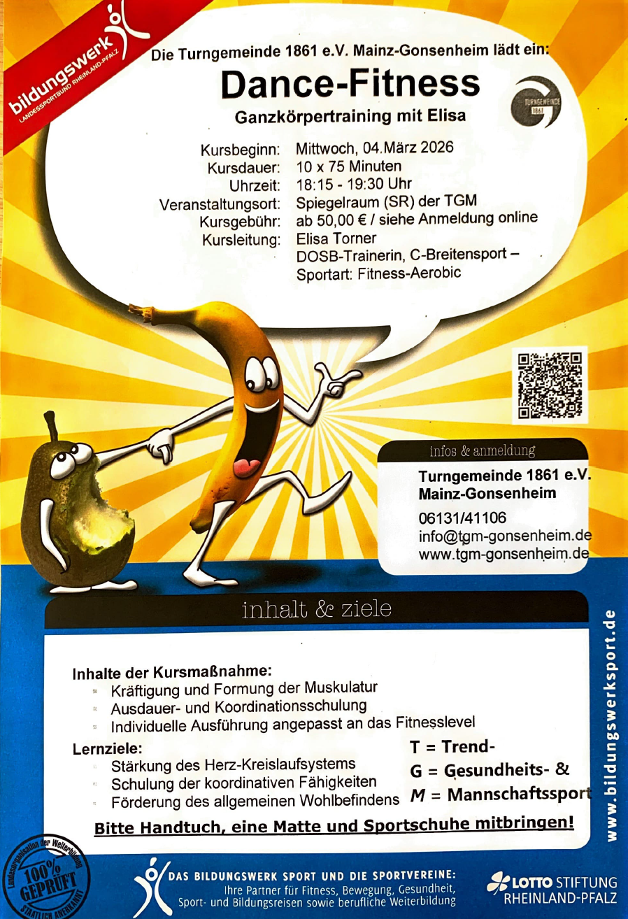 Flyer für Dance Fitness Kurs in Mainz-Gonsenheim mit lustigen Obstfiguren, Informationen zur Kursleitung Elisa Torner und Veranstaltungsdetails der Turngemeinde 1861 e.V.