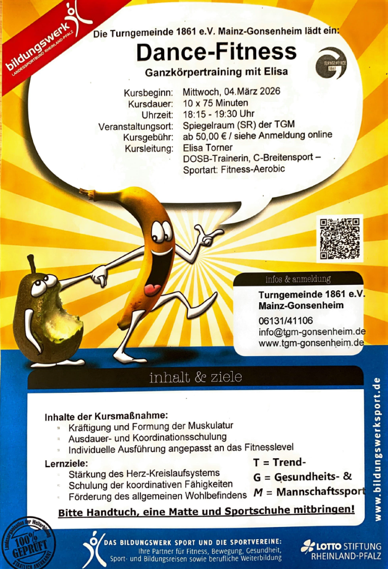 Flyer für Dance Fitness Kurs in Mainz-Gonsenheim mit lustigen Obstfiguren, Informationen zur Kursleitung Elisa Torner und Veranstaltungsdetails der Turngemeinde 1861 e.V.