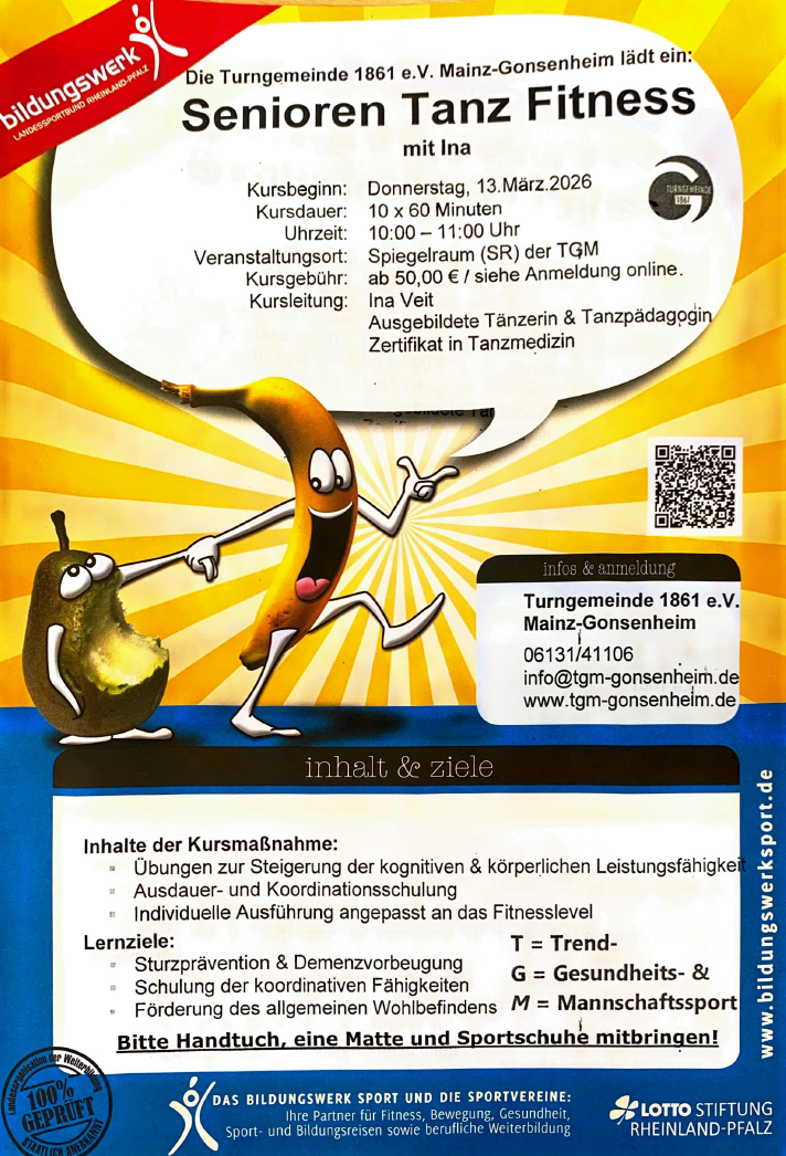 Flyer zum Senioren Tanz Fitness Kurs der Turngemeinde 1861 e.V. Mainz-Gonsenheim mit tanzender Banane und Birne als Comicfiguren