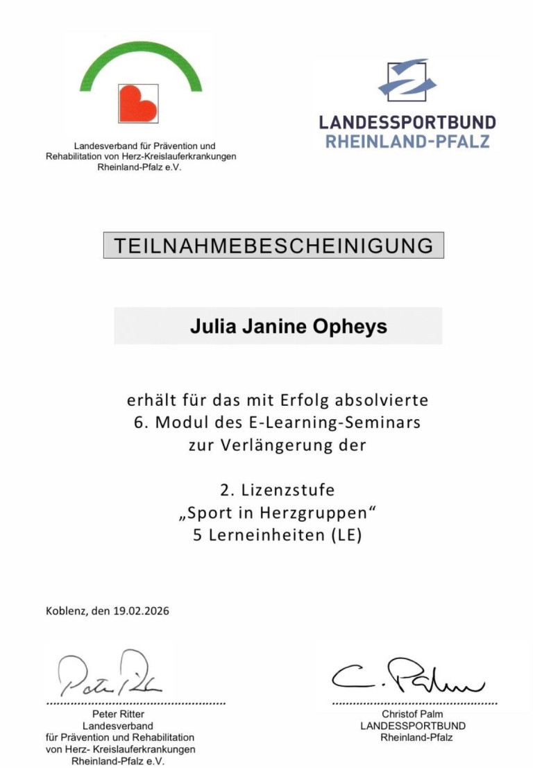 Teilnahmebescheinigung E-Learning-Seminar Sport in Herzgruppen Rheinland-Pfalz Teilnahmebescheinigung E-Learning-Seminar Sport in Herzgruppen Rheinland-Pfalz