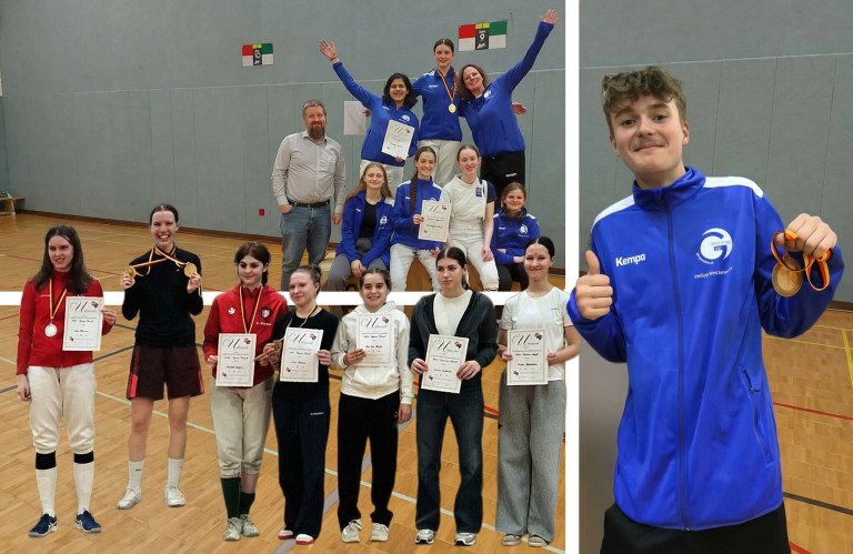 Collage von Gruppenfotos mit Teilnehmer:innen und Sieger:innen mit Urkunden und Medaillen in einer Sporthalle