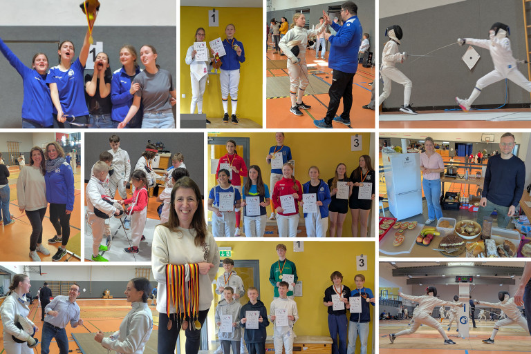 Collage vom Fechtturnier am 1.3.2026 mit Siegerehrungen, Medaillen, Urkunden und Teilnehmer:innen