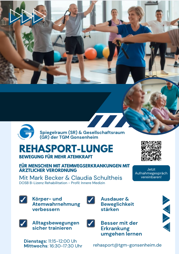 Werbung für Lungensport und Rehasport-Lunge bei der TGM Gonsenheim mit Mark Becker und Claudia Schultheis, Informationen zu Atemwegserkrankungen und Kursangeboten