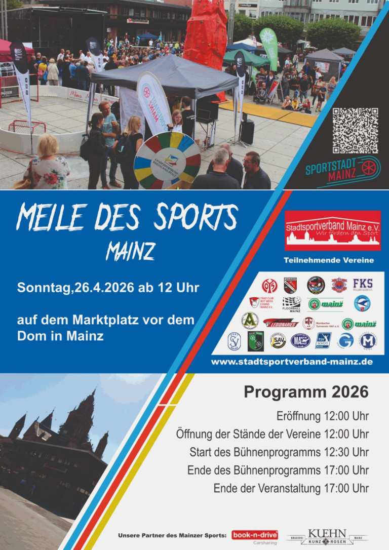 Plakat zur Meile des Sports 2026 auf dem Marktplatz vor dem Dom in Mainz, organisiert vom Stadtsportverband Mainz e.V.