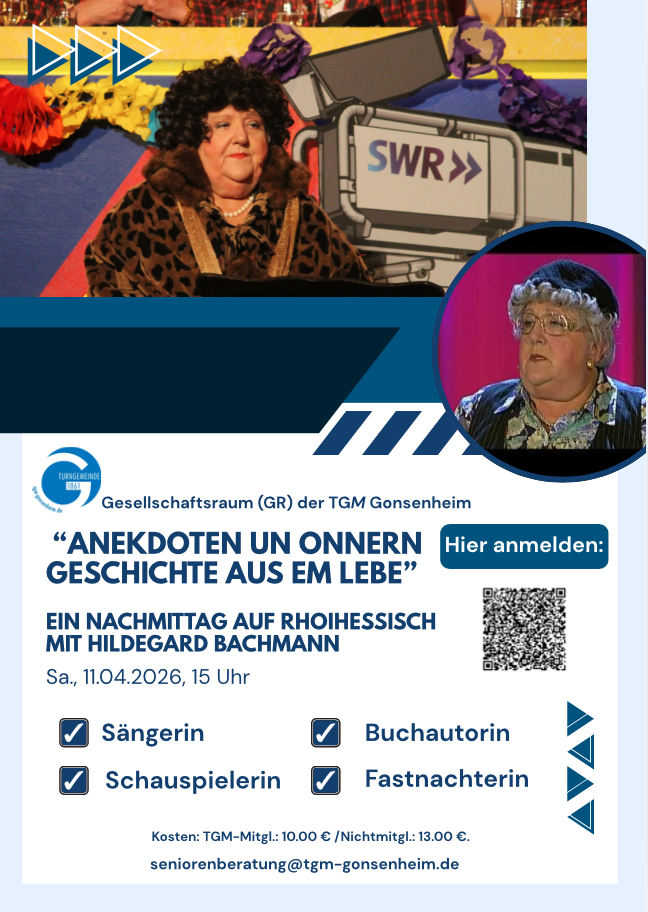 Veranstaltungsankündigung für 'Anekdoten un onnern Geschichte aus em Lebe' mit Hildegard Bachmann in Gonsenheim am 11.04.2026