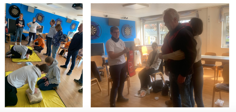 Collage von einem Erste-Hilfe-Kurs 2026 mit Teilnehmern und praktischen Übungen im Seminarraum