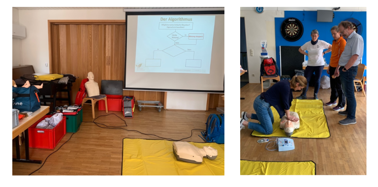 Collage aus einem Erste-Hilfe-Kurs 2026 mit Präsentation und praktischer Übung an einer Reanimationspuppe