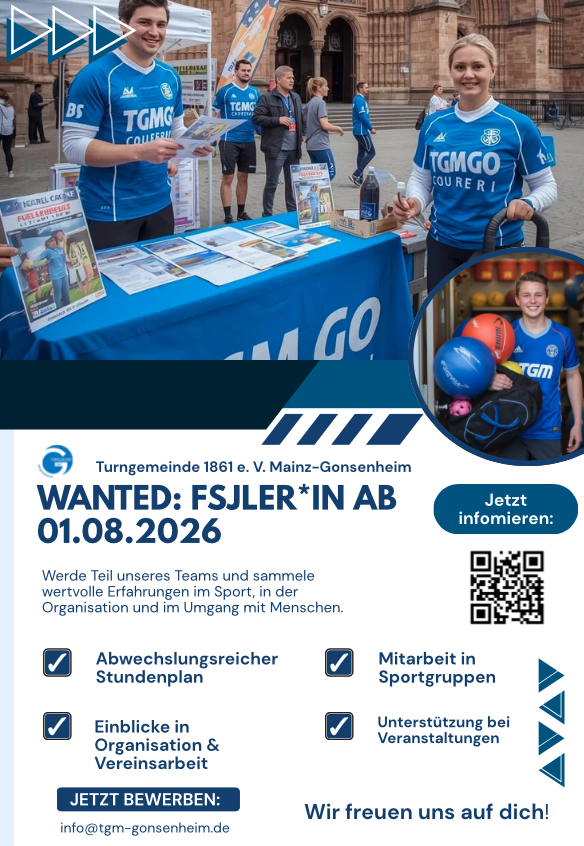 Stellenanzeige FSJlerin bei der Turngemeinde 1861 e. V. Mainz-Gonsenheim ab 01.08.2026, Infostand mit Teammitgliedern und Sportequipment