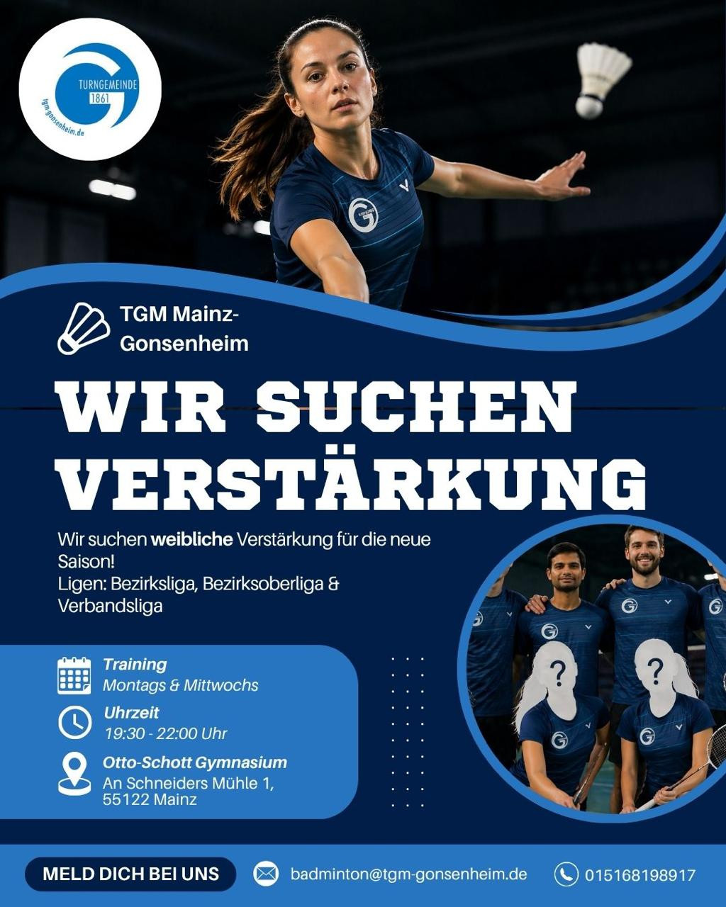 Flyer der TGM Mainz-Gonsenheim zur Damensuche für die neue Saison im Badminton, mit Informationen zu Training und Spielort.