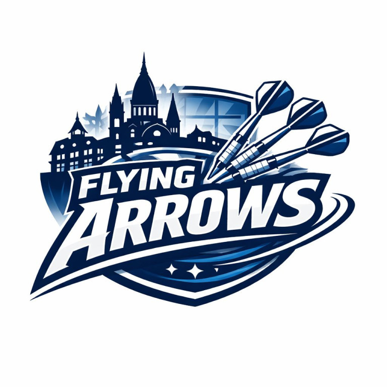 Logo Flying Arrows mit Darts und Stadtsilhouette