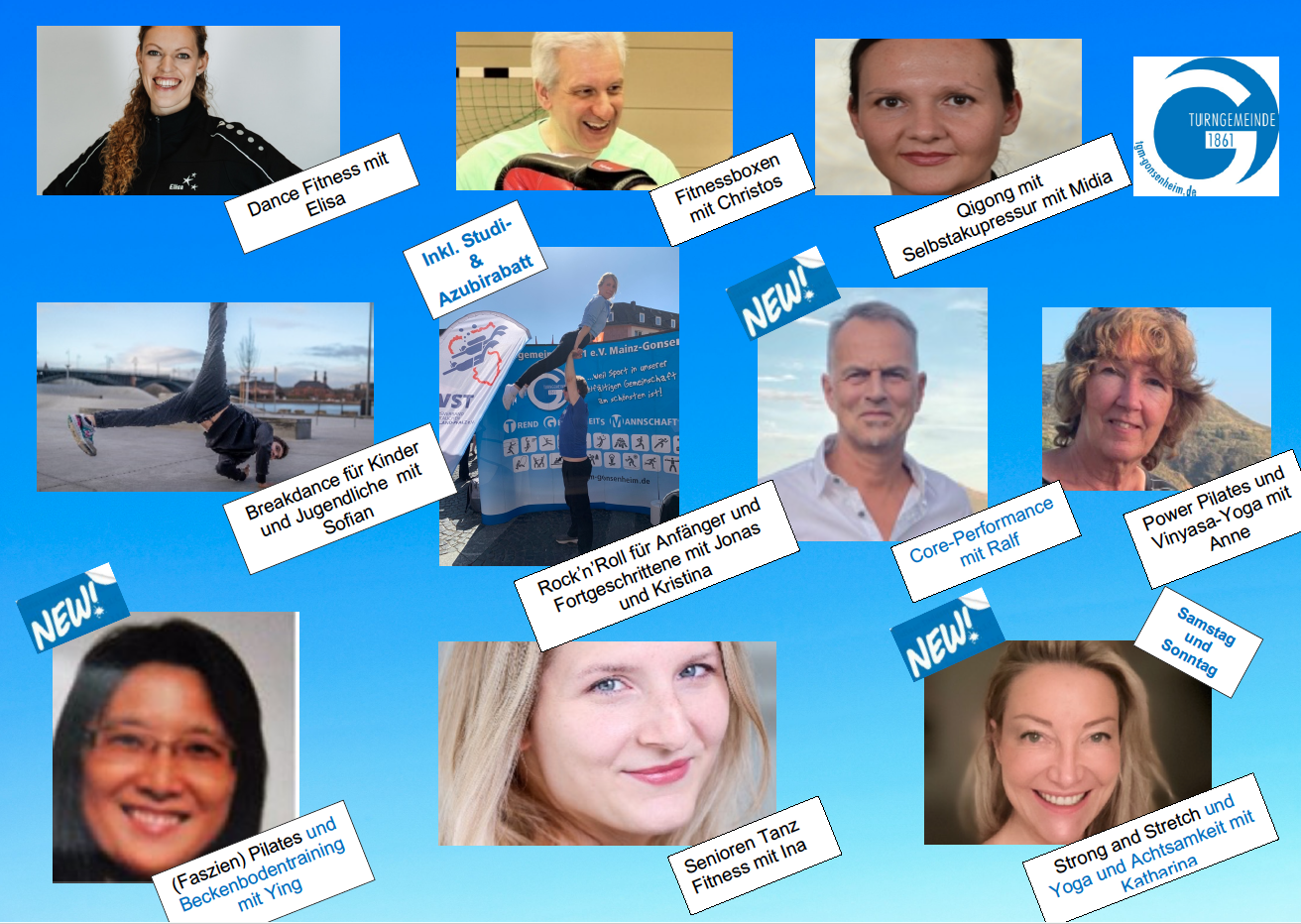 Collage verschiedener Fitness- und Tanzkurse 2026, darunter Dance Fitness mit Elisa, Fitnessboxen mit Christos, Qigong mit Selbstakupressur mit Midia, Breakdance für Kinder und Jugendliche mit Sofian, Rock'n'Roll mit Jonas und Kristina, Core-Performance m